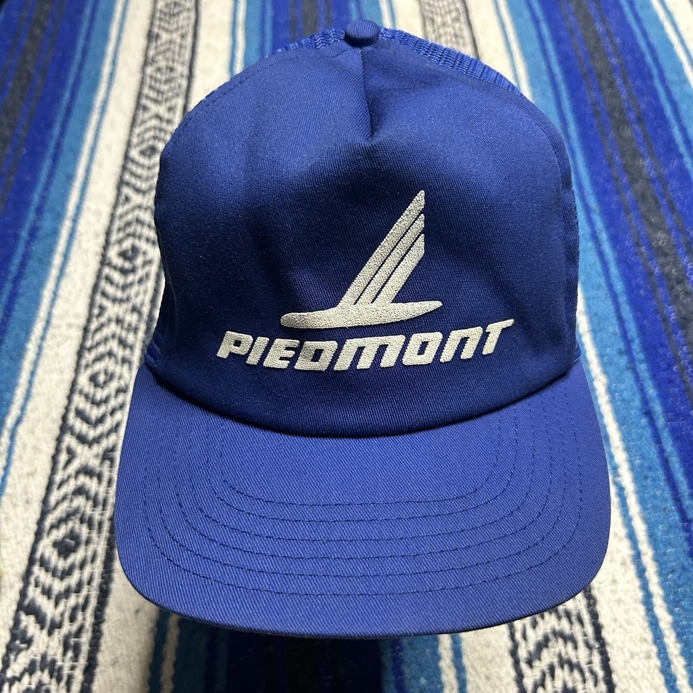 Piedmont Airlines Hat Blue Advertising Logo Vtg USA Trucker Snapback Mesh Cap